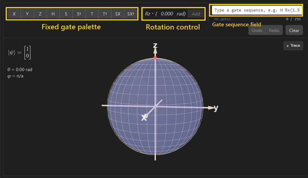 Screenshot of the QDK Bloch sphere visualizer with the state trace hidden and the main controls labeled.