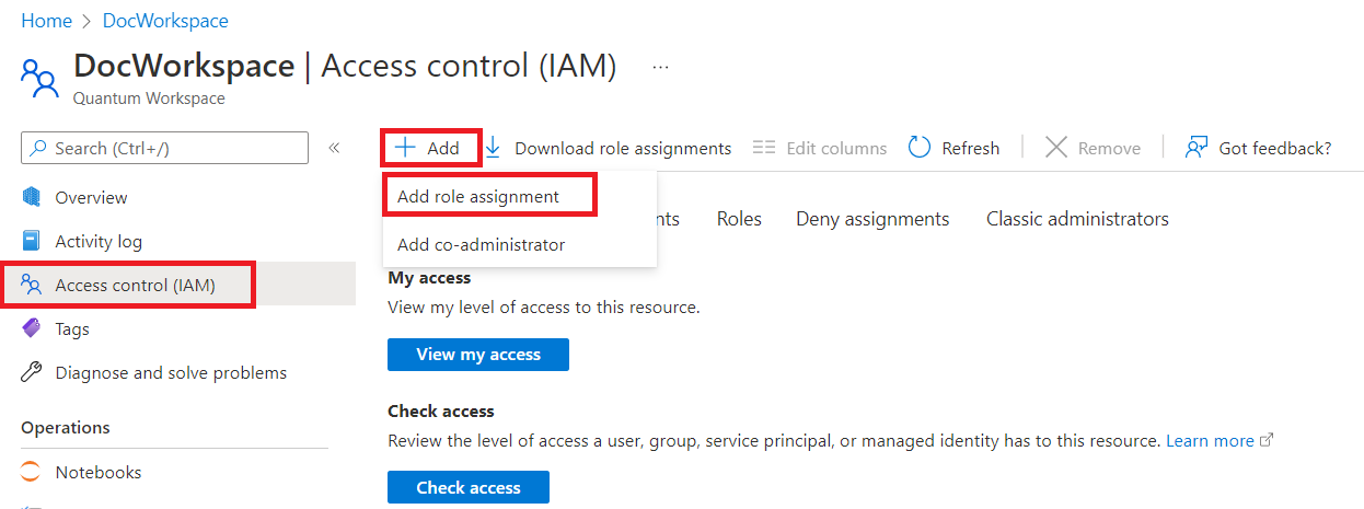 Screen shot showing how to add a new role assignment to your Azure Quantum workspace.