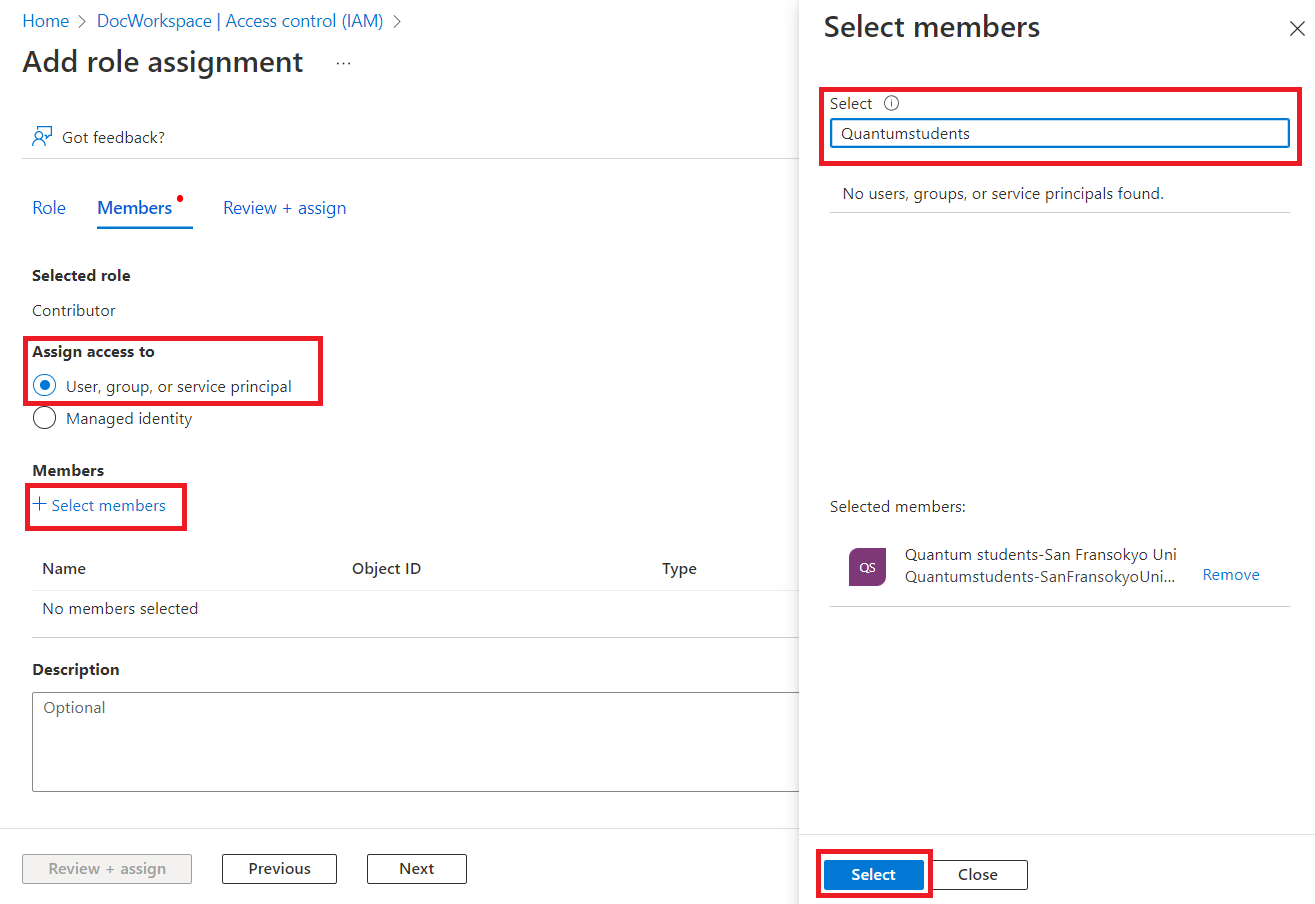 Screen shot showing how to select your group to add to your Azure Quantum workspace.