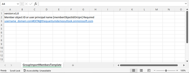 Screen shot showing the group import members template CSV.