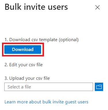 Screen shot showing how to download the bulk invite users CSV template.