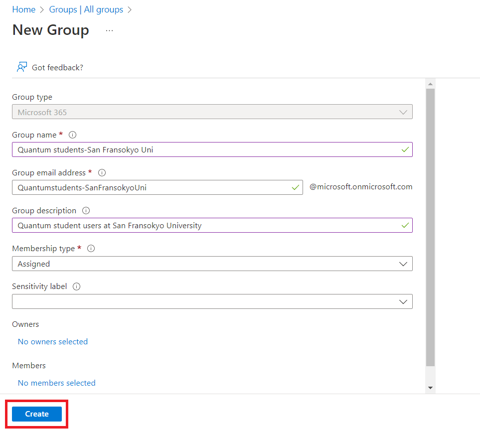 Screen shot showing how to fill out new group information.