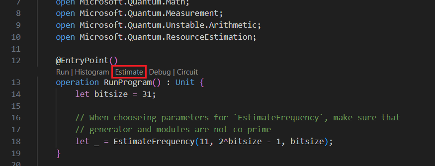 Screenshot showing how to select the estimate command from the code lens list.