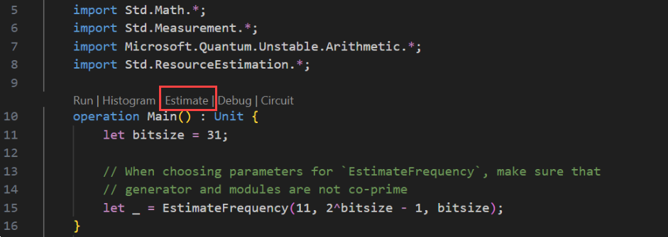 Screenshot showing how to select the estimate command from the code lens list.