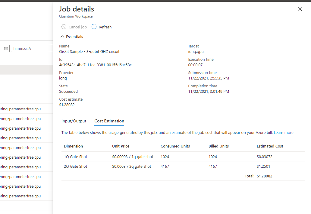 Screenshot of the Job Details pane for a quantum job, with the Cost Estimation tab selected.
