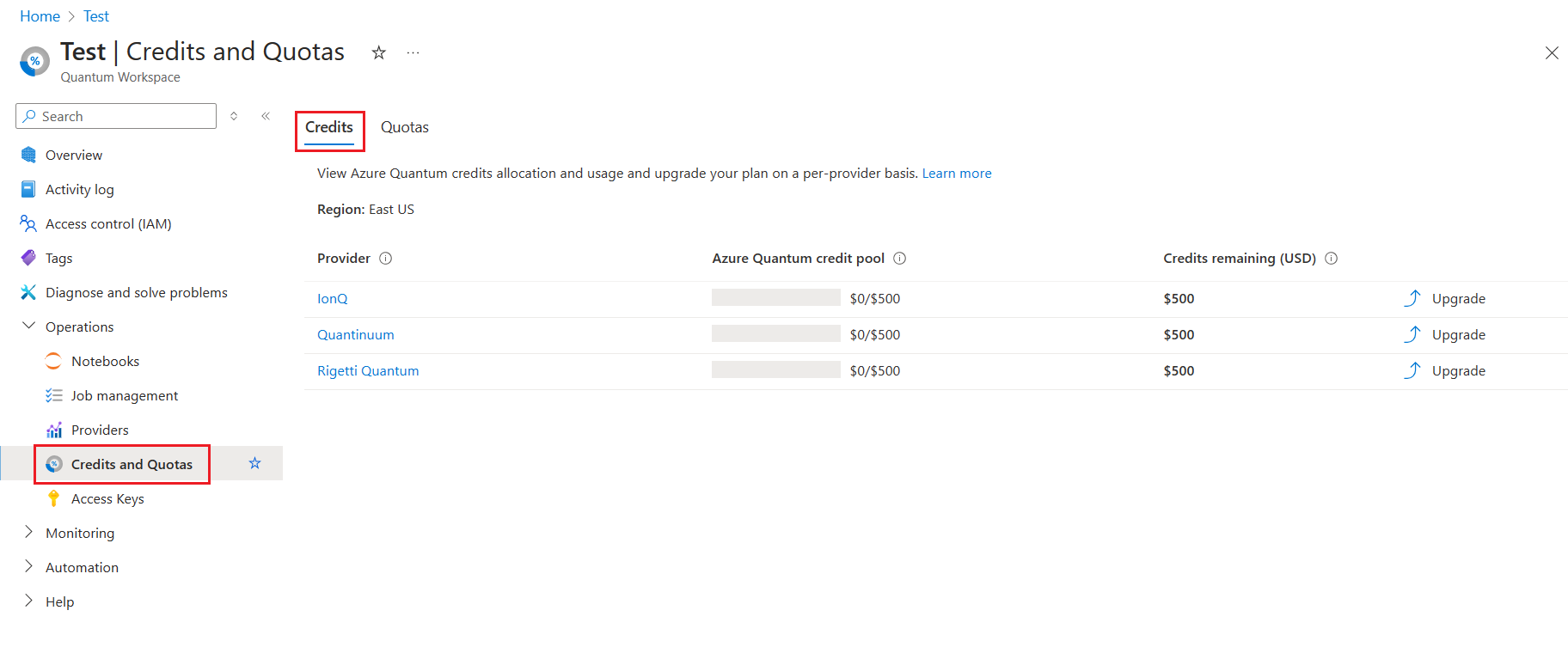 Screenshot of the credits blade in Azure portal.