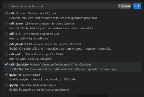 Screenshot of the QDK package list in Visual Studio Code with qdk-chemistry selected.