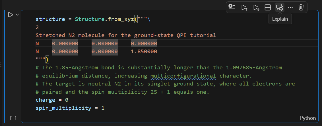 Screenshot of a Jupyter notebook in VS Code that shows the Explain button in an exercise cell from the QDK Learning ground state molecular energy course.