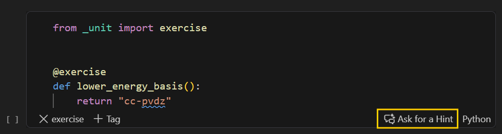Screenshot of a Jupyter notebook in VS Code that shows the Hint button in an exercise cell from the QDK Learning ground state molecular energy course.