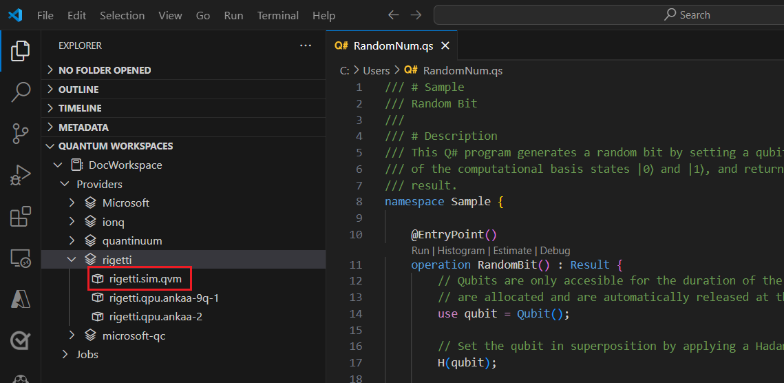 Screenshot of Visual Studio Code showing how to select Rigetti simulator as target.