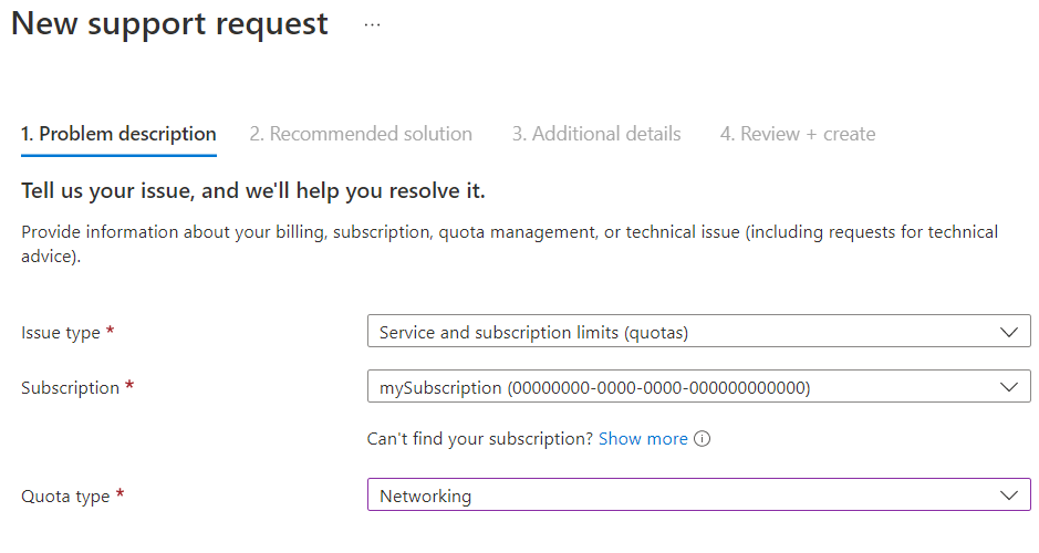 Screenshot of a networking quota support request in the Azure portal.