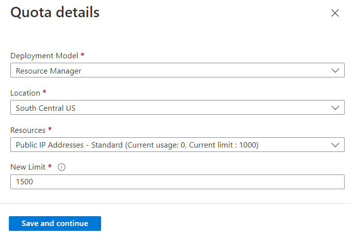Screenshot of the Quota details pane for a networking quota increase request.