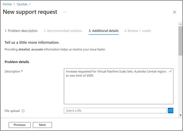 Screenshot showing the Problem details step of a quota increase request in the Azure portal.