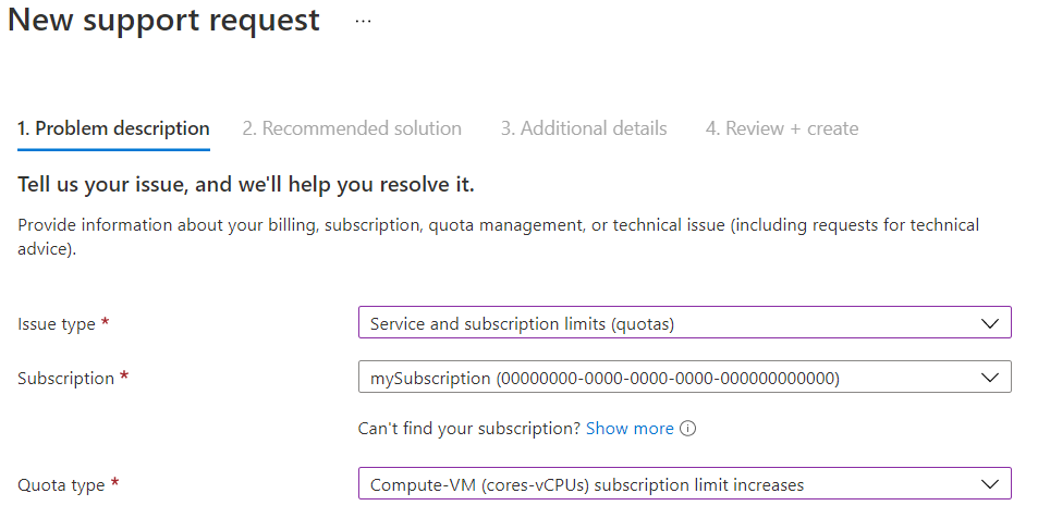 Screenshot showing a support request to increase a VM-family vCPU quota in the Azure portal.