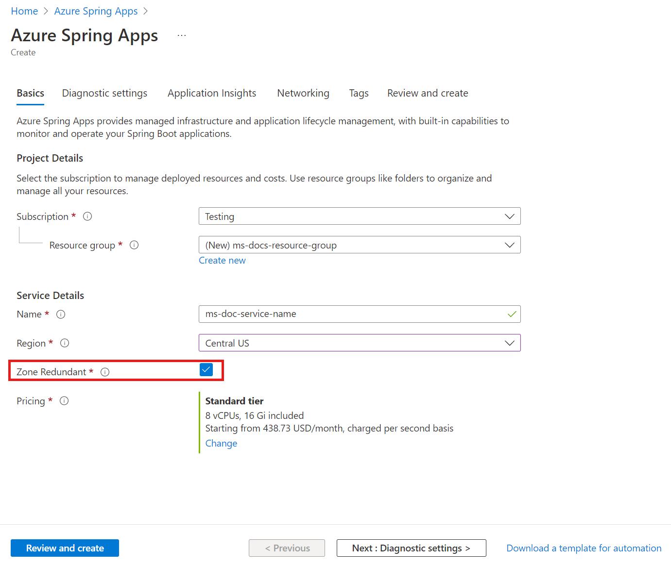 Screenshot of the Azure portal Create page showing the Zone Redundant option.