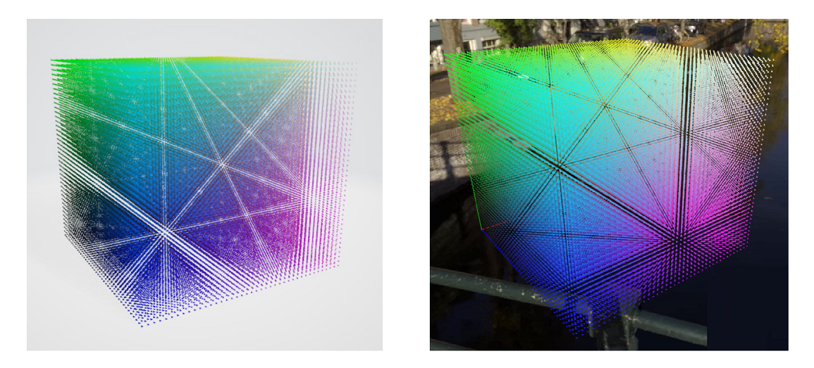 Screenshot that shows two cubes of 68,921 colored triangles and the effect of deduplication.