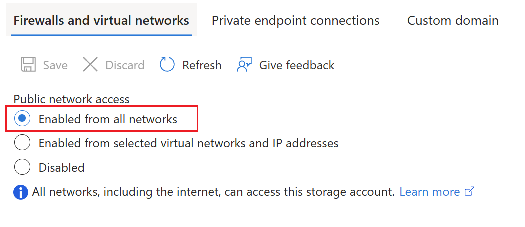 Screenshot of Azure portal settings for public network access level on blob storage.