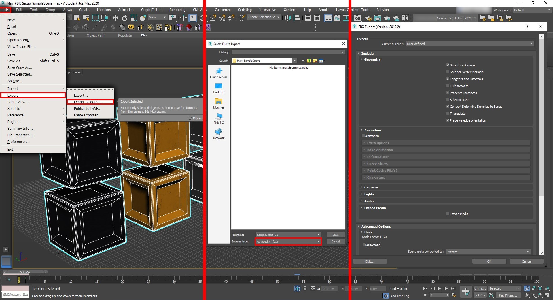 Screenshot that shows how to export to FBX.