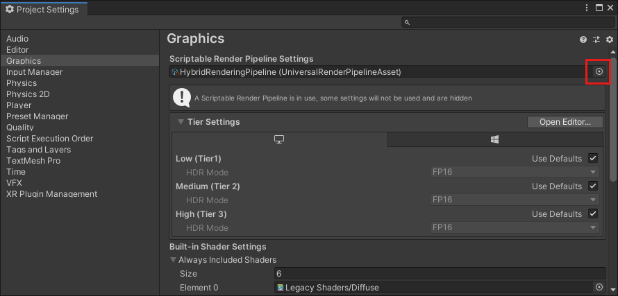 Screenshot of the Unity Project Settings dialog. The Graphics entry is selected in the list on the left. The button to select a Universal Render Pipeline asset is highlighted.