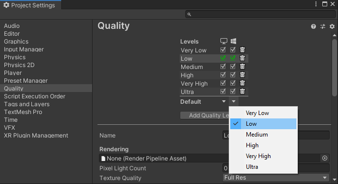 Screenshot of the Unity Project Settings dialog. The Quality entry is selected in the list on the left. The context menu for the default quality level is opened on the right. The low entry is selected.