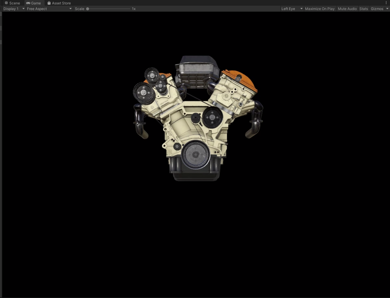 Screenshot of Unity running the project in Play mode. A car engine is rendered in the center of the viewport.