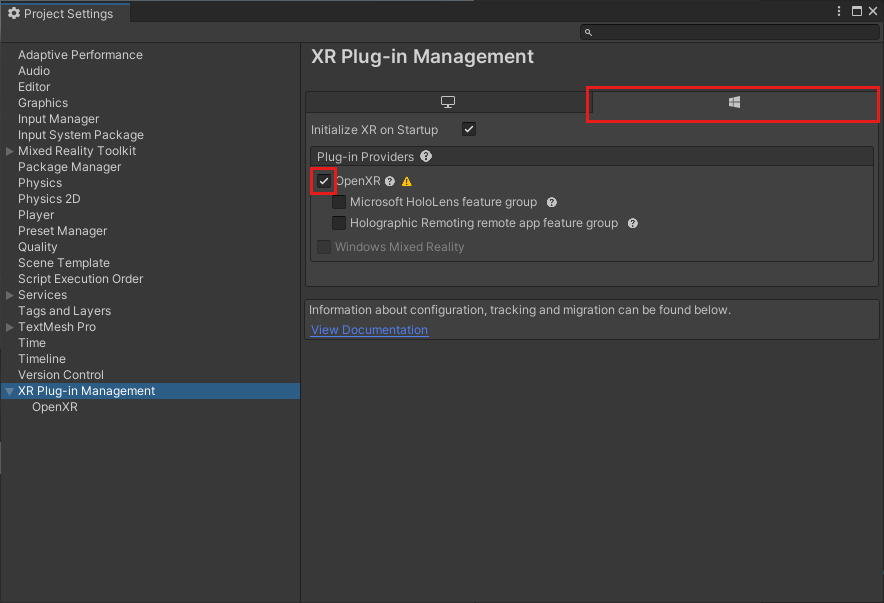 Screenshot of the Unity Project Settings dialog. The X R Plug-in Management entry is selected in the list on the left. The tab with the windows logo is highlighted on the right. The Open X R checkbox below it is also highlighted.