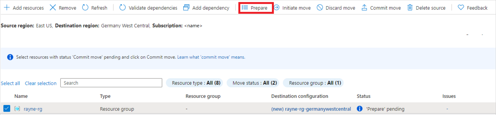Screenshot of the 'Prepare' button on the 'Prepare resources' pane.