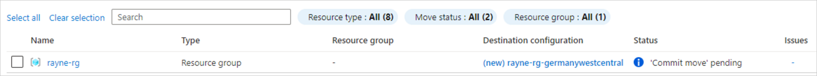 Screenshot of the 'Move resources' pane showing the resource group status changed to 'Commit move pending'.