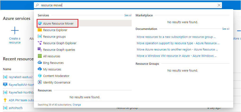 Screenshot displays search results for resource mover in the Azure portal.