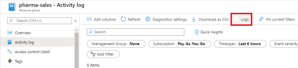 Azure Monitor logs option in portal