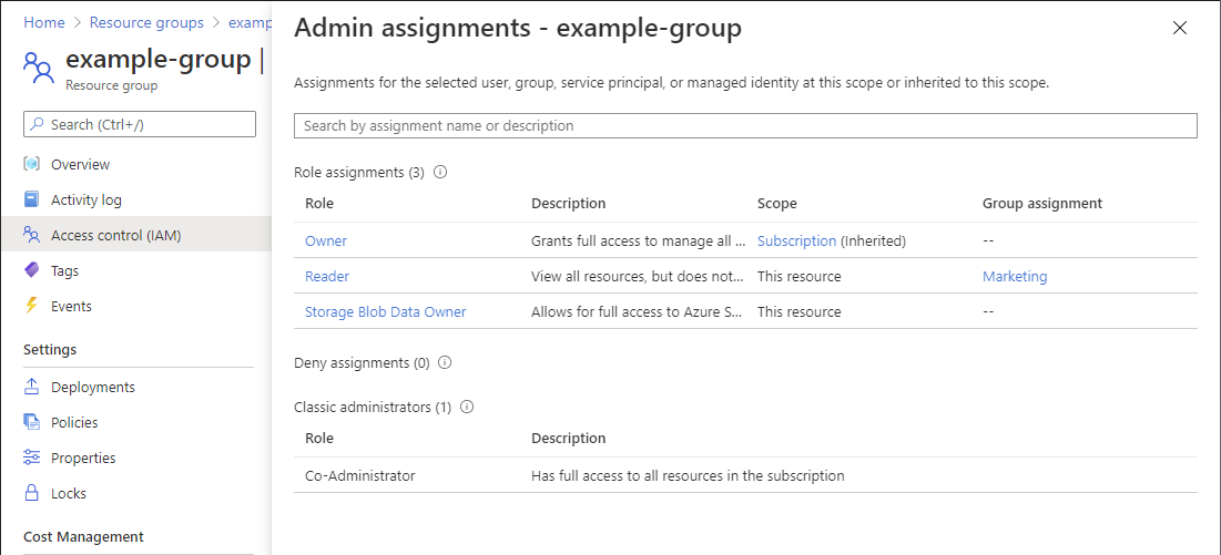 Screenshot of role and deny assignments pane.