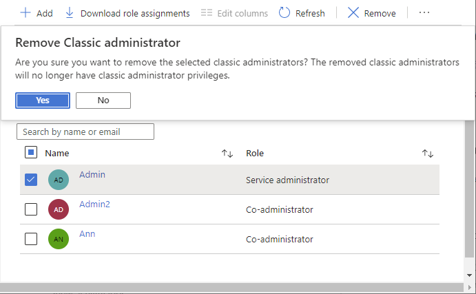 Screenshot that removes service administrator.