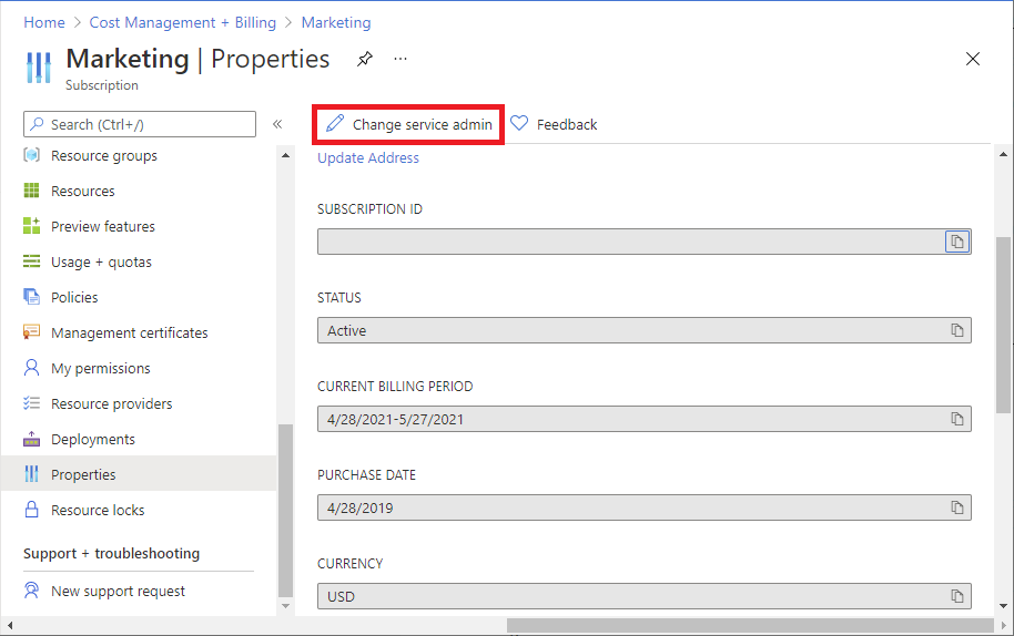 Screenshot showing the subscription properties in the Azure portal