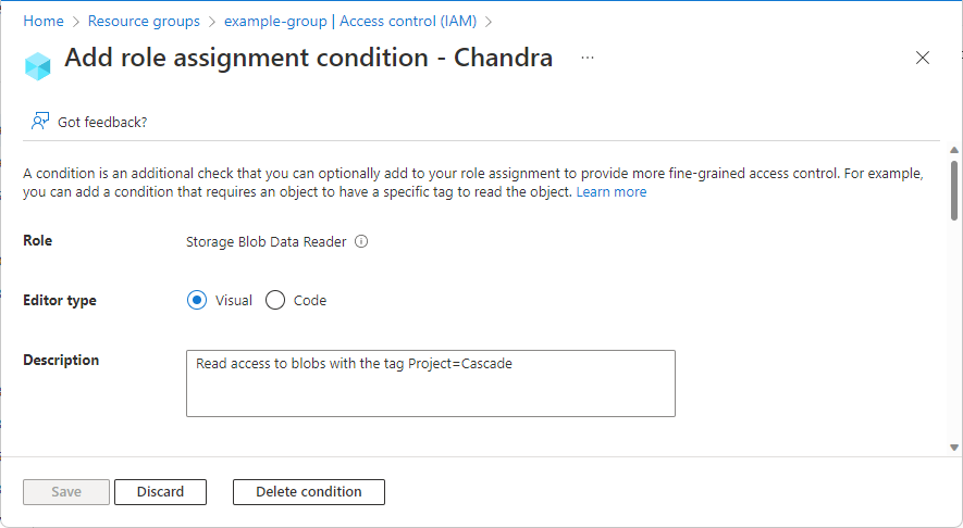 Add role assignment condition page showing editor type and description.