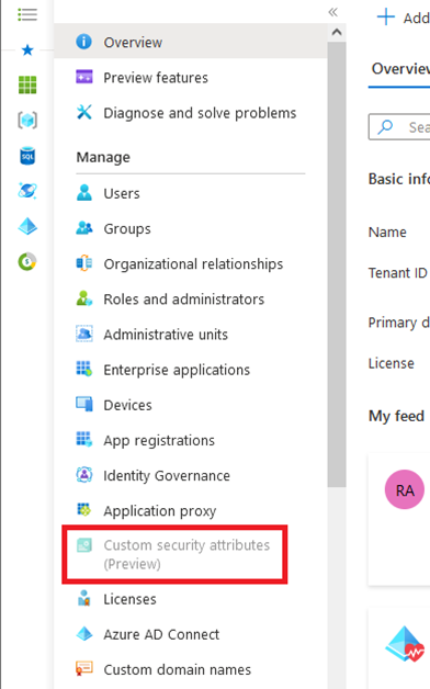 Screenshot that shows Custom security attributes page disabled in Azure portal.