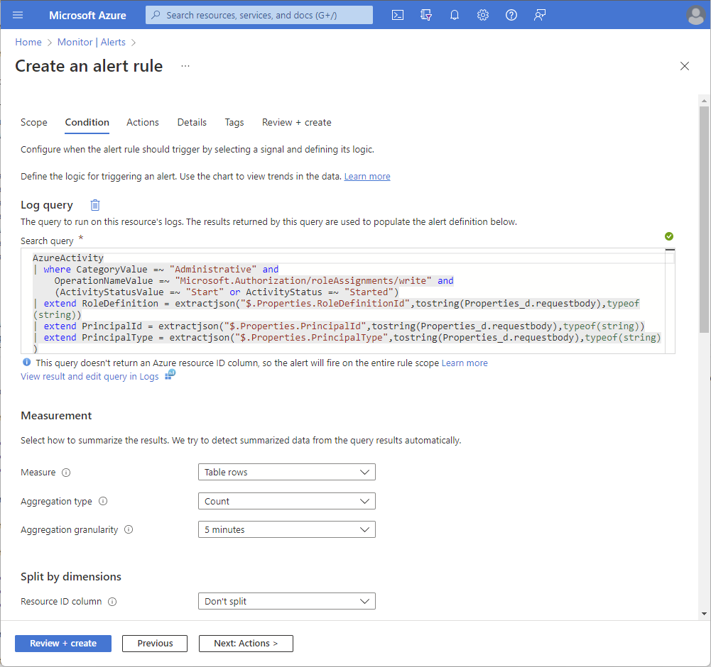 Screenshot of Create an alert rule condition tab in Azure Monitor.