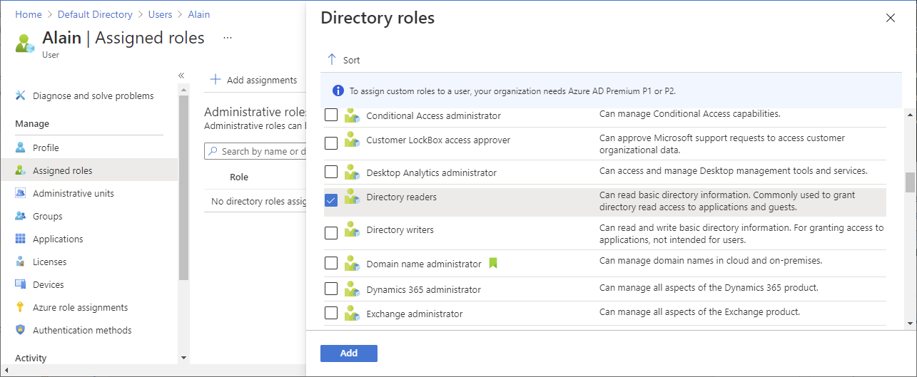Screenshot of assigning Directory Readers role.