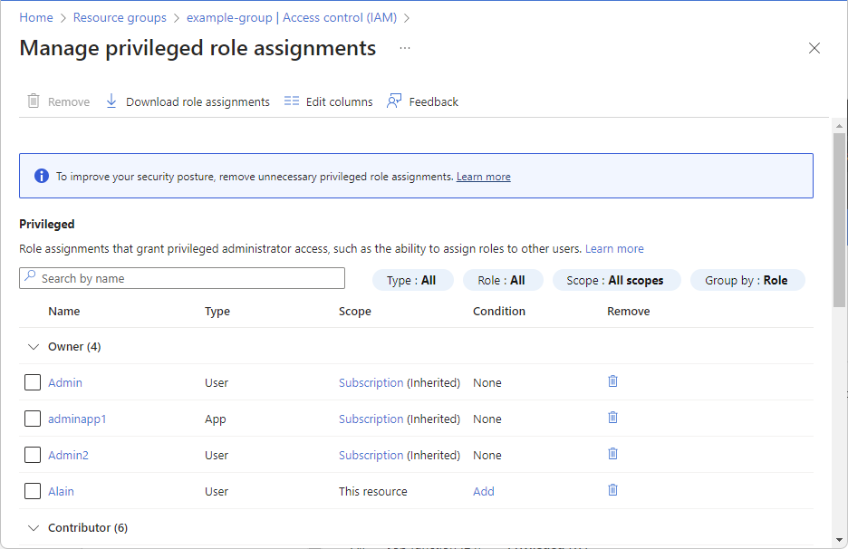 Screenshot of Manage privileged role assignments page showing how to add conditions or remove role assignments.