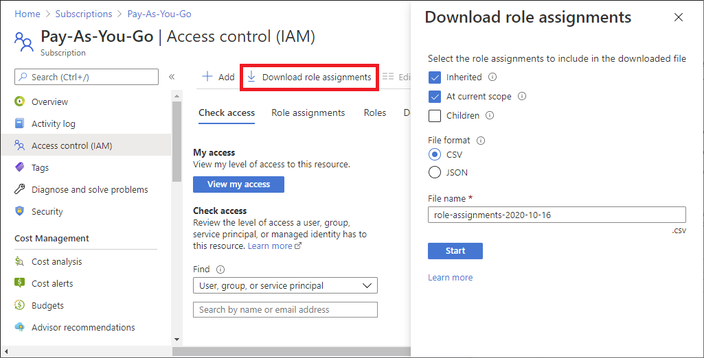 Screenshot of Access control and Download role assignments.