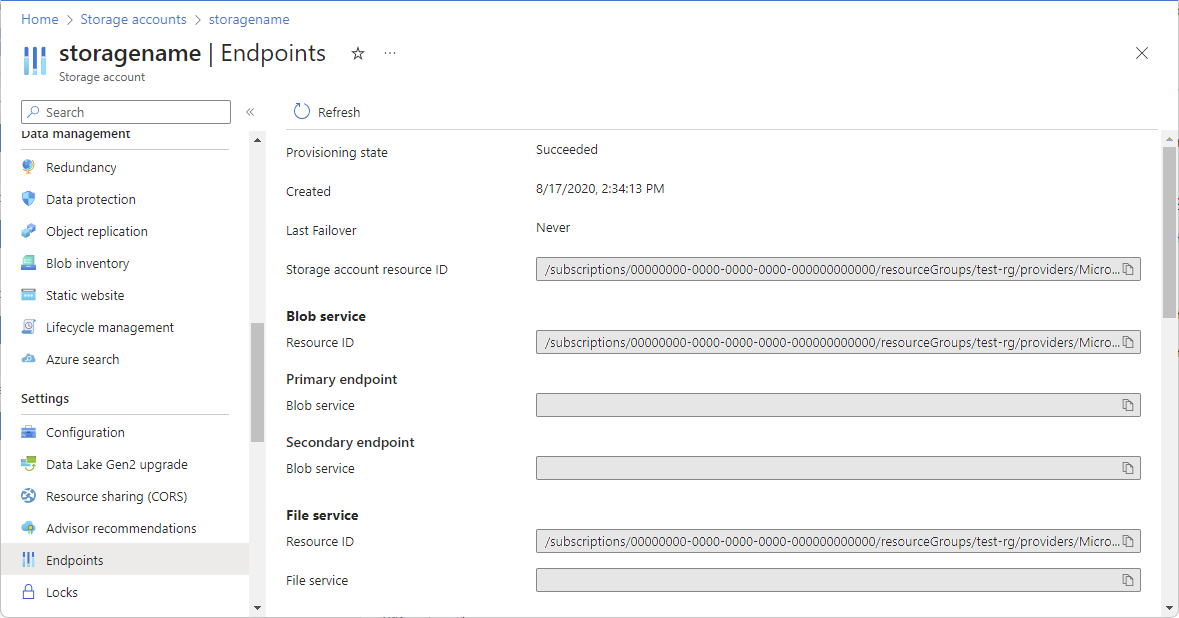 Screenshot that shows resource IDs for a storage account in Azure portal.