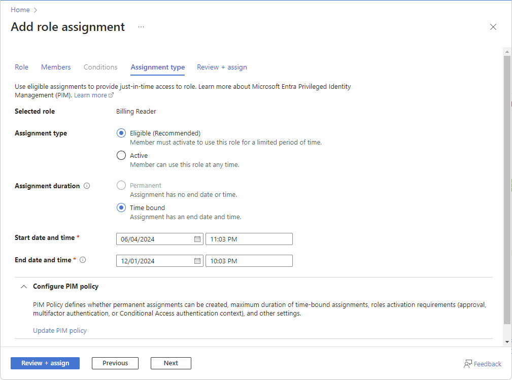 Screenshot of Add role assignment with Assignment type options displayed.