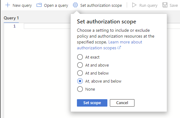 Screenshot of Azure Resource Graph Explorer that shows Set authorization scope pane.