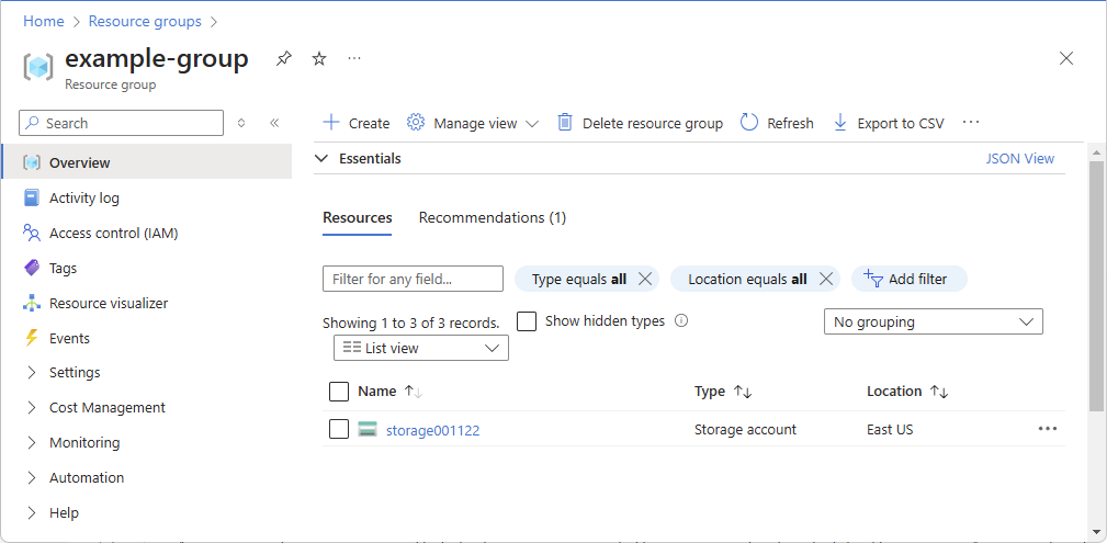 Screenshot of resource group overview.