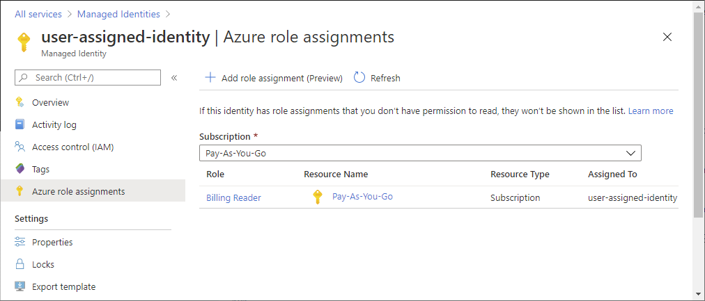 Screenshot of role assignments for a user-assigned managed identity.