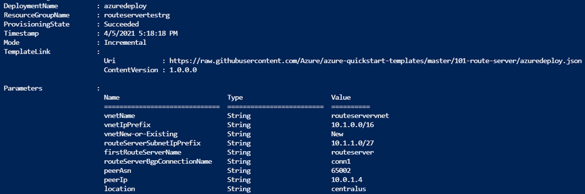 Route Server Resource Manager template PowerShell deployment output.