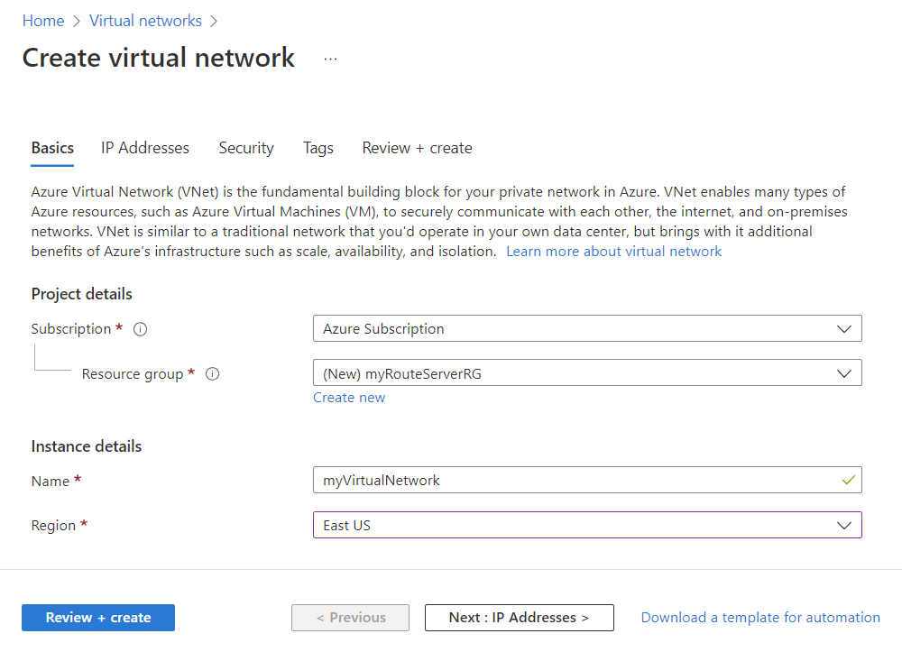 Screenshot of basics tab settings for the virtual network.