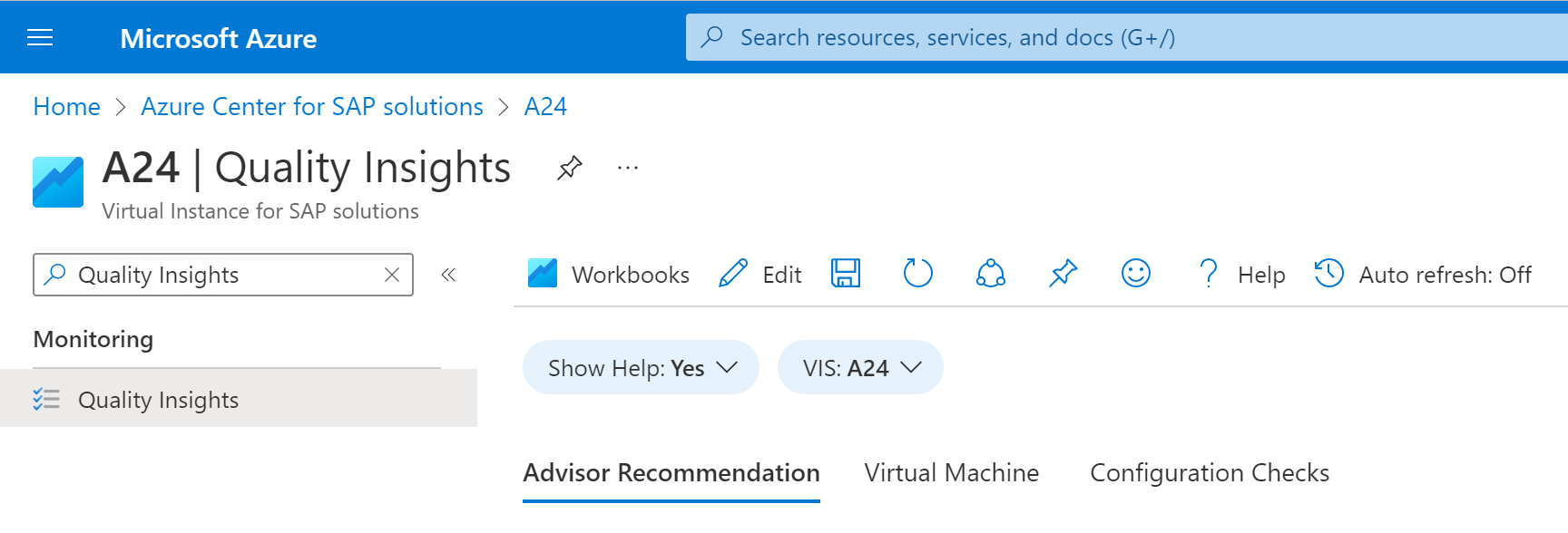 Screenshot of Azure portal, showing the Quality Insights workbook page selected in the sidebar menu for a virtual Instance for SAP solutions.