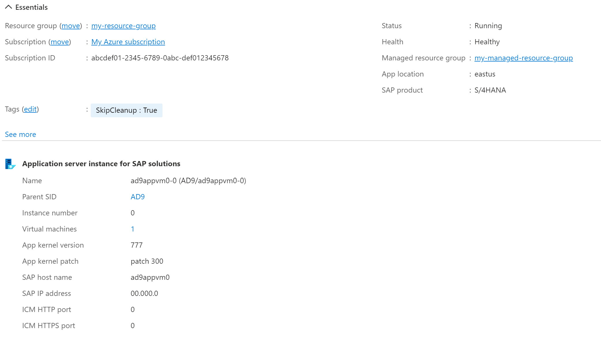 Screenshot of an Application Server instance in the Azure portal, showing health and status information for the VM.