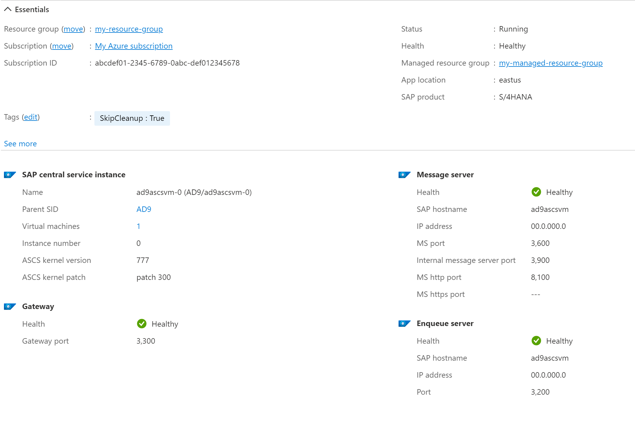 Screenshot of an ASCS instance in the Azure portal, showing health and status information for the VM.