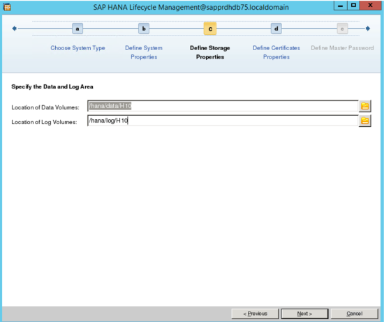 Screenshot of SAP HANA Lifecycle Management screen, with data and log area fields